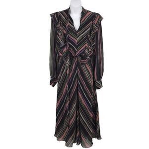 Giamba Black Stripe Ruffle Dress S Tie Neck Long Sleeve Elastic Waist Midi Lined